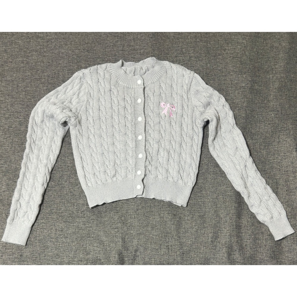 SHEIN Womens L Cardigan Grey Cable Knit Bow Embroidery Button Up